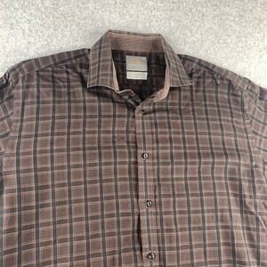 Thomas Dean Button Down Shirt Mens L Brown Black Plaid Long Sleeve Cotton